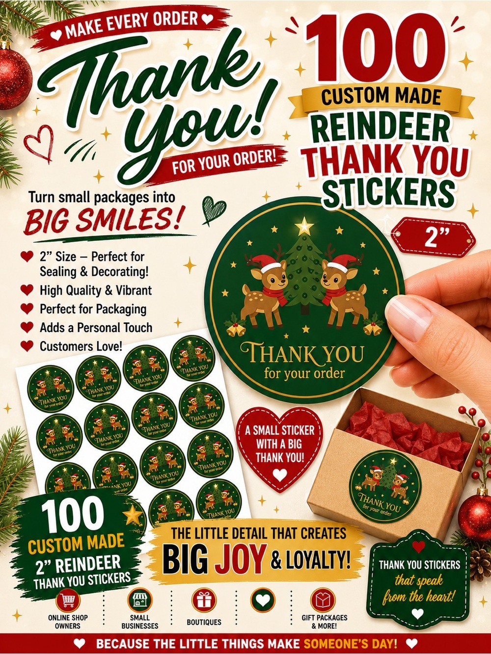 100 Custom Made 2” Reindeer Thank You Stickers